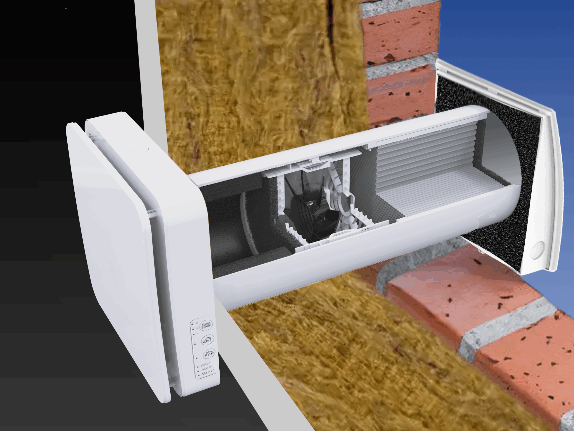 DUKA One pro 50 S in a transparent wall where you can see the inside, wall penetration and outside